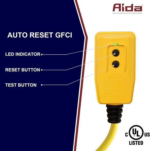 Alt view image 3 of 7 - 2FT Auto Reset 12/3 Gauge SJTW Heavy Duty GFCI Extension Cord with 3 Prong Grounded Plug, 15 AMP Yellow Outdoor Extension Cable with LED Lighted, UL Listed, 1 Pack (GFCI Plug)