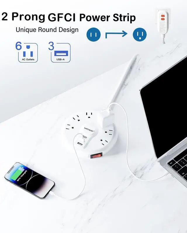 Alt view image 2 of 7 - 2 Prong GFCI Power Strip with 6 Outlets &3 USB Ports,9.84FT,White