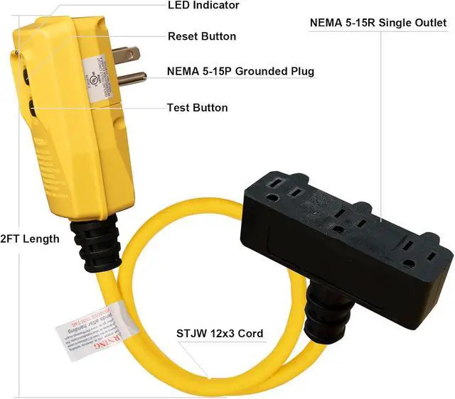 Alt view image 5 of 7 - 2FT Auto Reset 12/3 Gauge SJTW Heavy Duty GFCI Extension Cord with 3 Prong Grounded Plug, 15 AMP Yellow Outdoor Extension Cable with LED Lighted, UL Listed, 1 Pack (GFCI Plug)