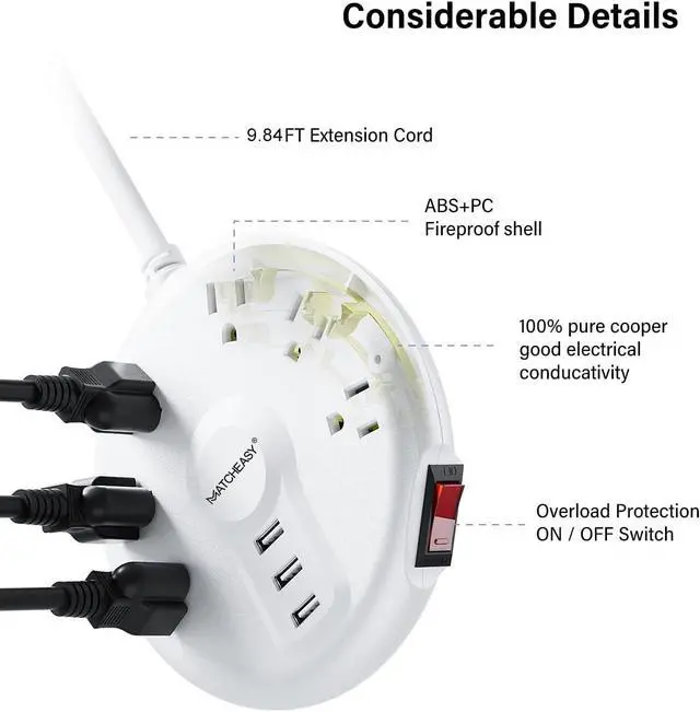 Alt view image 6 of 7 - 2 Prong GFCI Power Strip with 6 Outlets &3 USB Ports,9.84FT,White