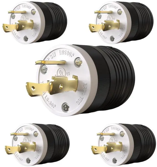 Main image of 5 Pack NEMA L5-30P Locking Plug, 30 Amp Generator Replacement Plug 125V 2 Pole 3 Wire Grounding,Twist Lock Adapter Male Plug , Industrial Grade Heavy Duty, UL Listed (E355464)