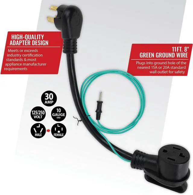 Alt view image 2 of 7 - 3-Prong to 4-Prong Dryer Plug Adapter, Convert 4 Prong Dryer Plug to 3 Prong Wall Outlet with Ground Wire 30A, 250V, 10AWG, 1.5-feet