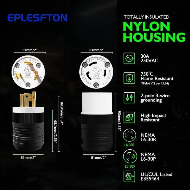 Alt view image 2 of 7 - 2 Set NEMA L6-30P and NEMA L6-30R Locking Plug and Connector, Generator Twist Lock Plug Adapter, 30 Amp 250V 2 Pole 3 Wire Grounding, Industrial Grade Heavy Duty, UL Listed E355464