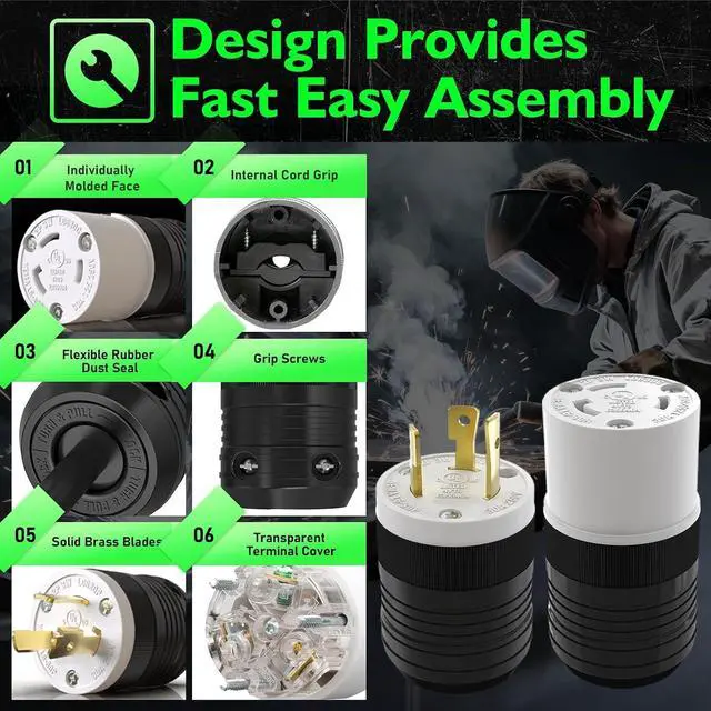 Alt view image 3 of 7 - 2 Set NEMA L6-30P and NEMA L6-30R Locking Plug and Connector, Generator Twist Lock Plug Adapter, 30 Amp 250V 2 Pole 3 Wire Grounding, Industrial Grade Heavy Duty, UL Listed E355464