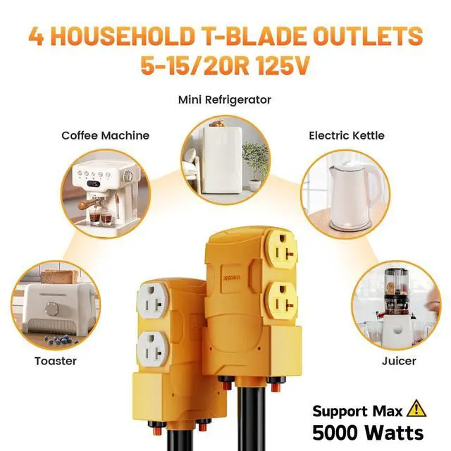 Alt view image 4 of 7 - 50A 220 to 110 Household T-Blade Adapter, NEMA 10-50P to 4X 5-20R/15R w/ 20AMP Circuit Breaker, 3 Prong 50Amp (Old-Style) Electrical Stove/Range/Oven to Gas Range, 1.5ft 10AWG Cord, ETL Listed