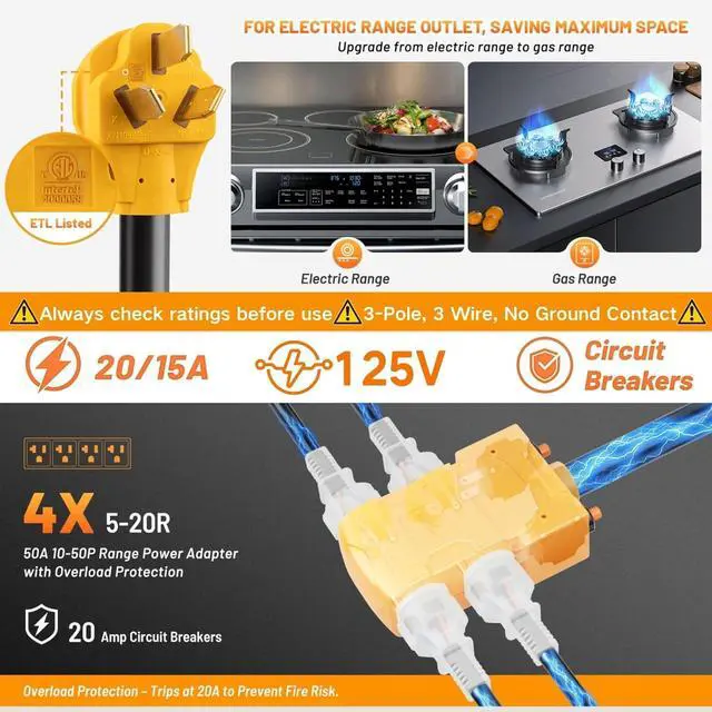 Alt view image 5 of 7 - 50A 220 to 110 Household T-Blade Adapter, NEMA 10-50P to 4X 5-20R/15R w/ 20AMP Circuit Breaker, 3 Prong 50Amp (Old-Style) Electrical Stove/Range/Oven to Gas Range, 1.5ft 10AWG Cord, ETL Listed