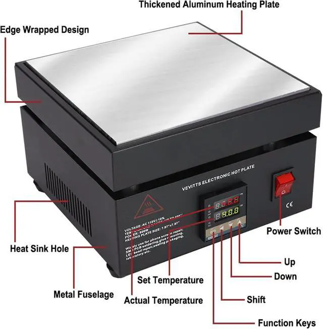 Alt view image 4 of 7 - 110V 850W LED Digital Electric Hot Plate, 30-400°C Soldering Preheating Station for PCB SMD LED Rework Lab
