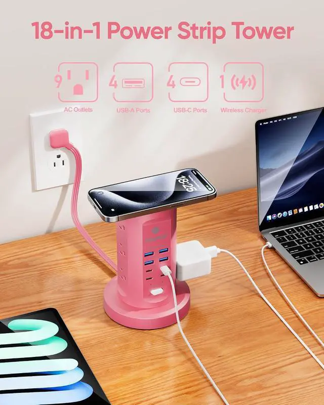 Alt view image 3 of 7 - Power Strip Tower, Surge Protector Tower 9 AC Outlets 8 USB (4 USB C), 6 Ft Retractable Extension Cord, Charging Station for Office Dorm Room, Pink