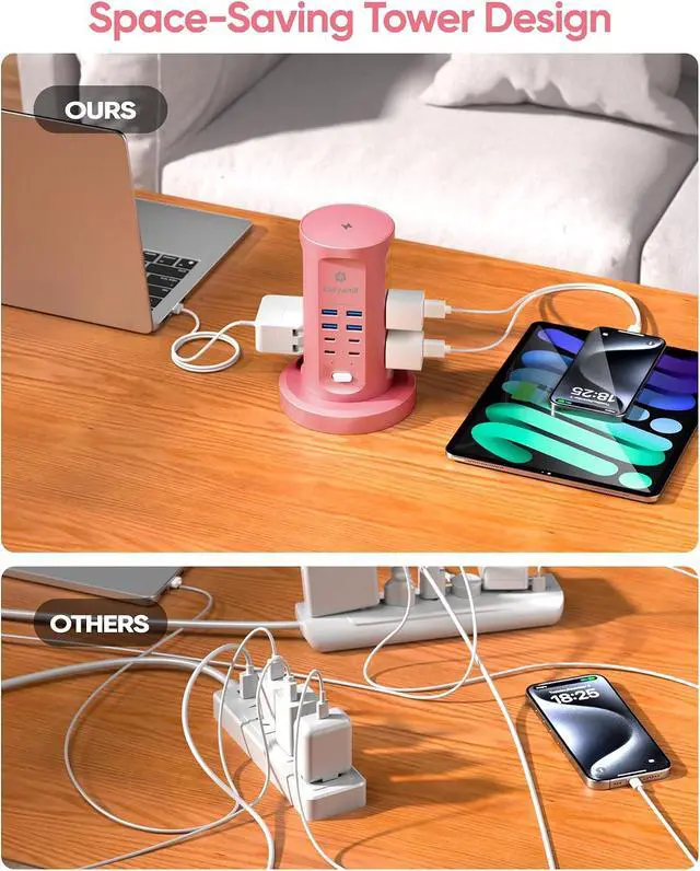 Alt view image 6 of 7 - Power Strip Tower, Surge Protector Tower 9 AC Outlets 8 USB (4 USB C), 6 Ft Retractable Extension Cord, Charging Station for Office Dorm Room, Pink