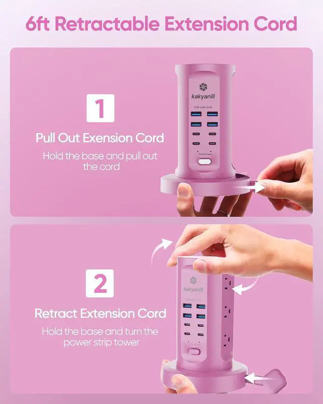 Alt view image 2 of 7 - Power Strip Tower, Surge Protector Tower 9 AC Outlets 8 USB (4 USB C), 6 Ft Retractable Extension Cord, Charging Station for Office Dorm Room, Purple