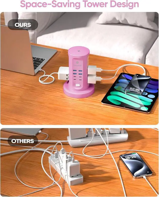 Alt view image 5 of 7 - Power Strip Tower, Surge Protector Tower 9 AC Outlets 8 USB (4 USB C), 6 Ft Retractable Extension Cord, Charging Station for Office Dorm Room, Purple