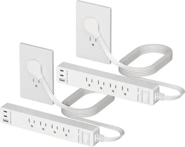 Main image of Outlet Extender with 4 Receptacles, USB-A & 2 USB-C, Ultra-Thin Flat-Plug, 4-Outlet Power Strip, Surge Protector 1500 Joules, 5ft Cord, 1250W, ETL Listed, Matte White, 2-Pack