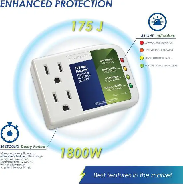 Alt view image 3 of 6 - Electronic Voltage & Surge Protector for Smart TV, Game Consoles and Entertainment Center, Protects Against High and Low Voltage, Brownout, Spikes, Power Failure