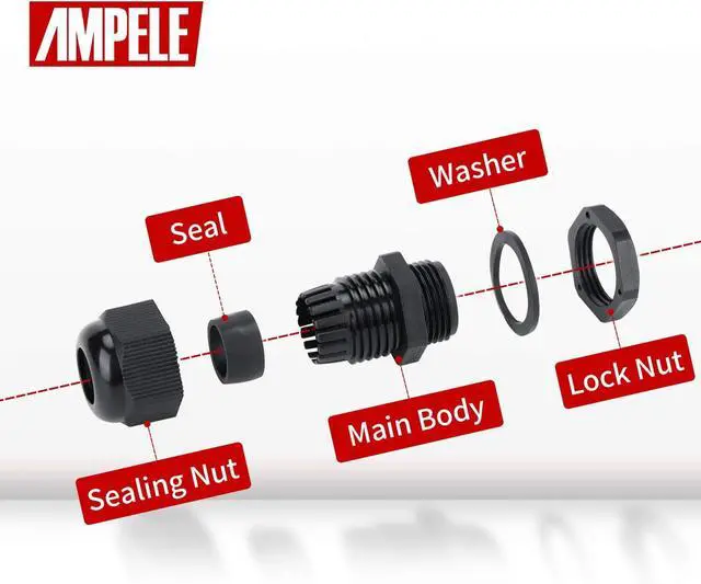 Alt view image 3 of 7 - AMPELE Cable Gland 100 Pack PG13.5 Waterproof Adjustable 6-12mm Nylon Cable Glands Joints With Gaskets, Black(PG13.5)