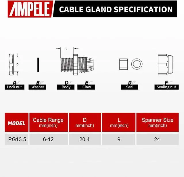 Alt view image 5 of 7 - AMPELE Cable Gland 100 Pack PG13.5 Waterproof Adjustable 6-12mm Nylon Cable Glands Joints With Gaskets, Black(PG13.5)
