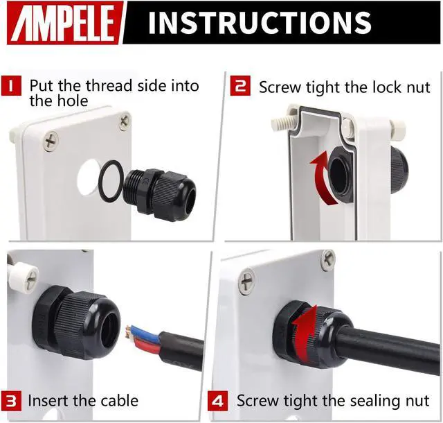 Alt view image 7 of 7 - AMPELE Cable Gland 100 Pack PG13.5 Waterproof Adjustable 6-12mm Nylon Cable Glands Joints With Gaskets, Black(PG13.5)
