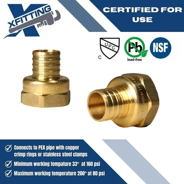 Alt view image 4 of 7 - 10 PIECES 1" PEX X 1" FEMALE NPT THREADED ADAPTER BRASS CRIMP FITTING - LEAD FREE BRASS, NSF, FULL PORT