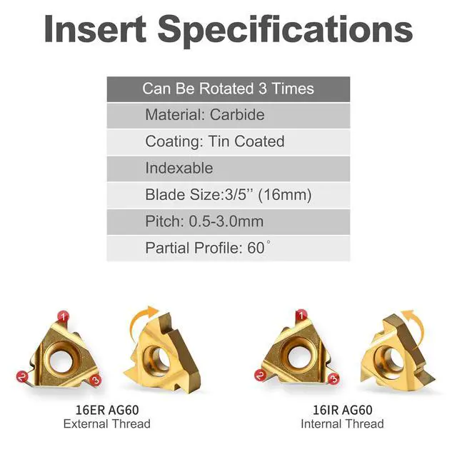 Alt view image 3 of 7 - 1/2" & 5/8" Threading Tool Holder Combo, Internal & External 16ER 16IR Indexable Threading Kit, Nitrided Precision for Metal Lathe, 10pcs Inserts Included