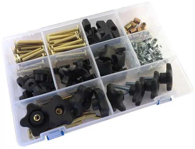 Main image of 129 Piece Jig Fixture T Track Hardware Kit 5/16 18 Threads with Knobs, T Bolts, Threaded Inserts 129PJHK-5/16
