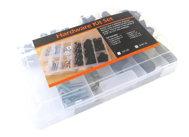 Alt view image 2 of 2 - 129 Piece Jig Fixture T Track Hardware Kit 5/16 18 Threads with Knobs, T Bolts, Threaded Inserts 129PJHK-5/16