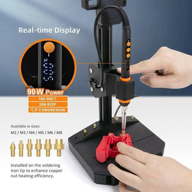 Alt view image 4 of 7 - Vertical Heat Set Insert Tool Pressing Machine with 90W Soldering Iron, Heat Set Tips M2-M8, 30PCS Brass Nuts Threaded Inserts for 3D Printed Part