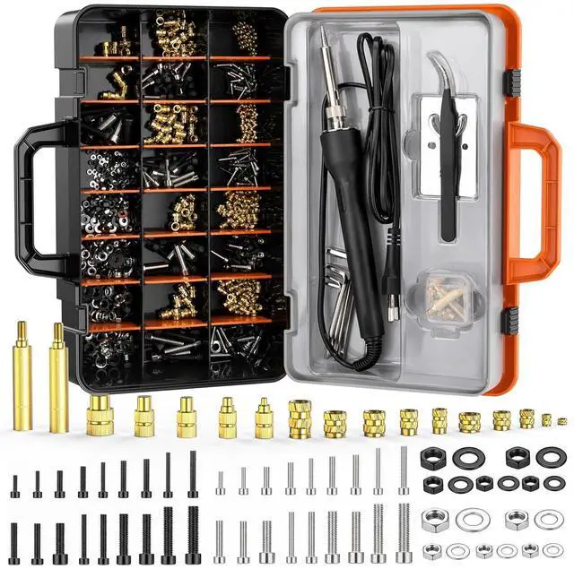 Main image of Threaded Inserts Set, 750Pcs Heat Set Inserts Nuts Bolts with M2 M3 M4 M5 M6 Insert-Tip, 60W Soldering Iron, Tweezer and Holder, for 3D Printer Parts or Plastic Parts
