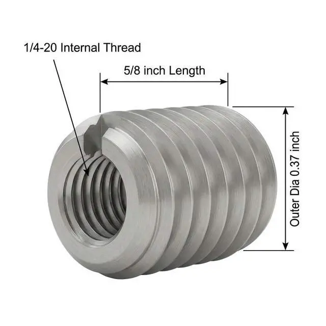 Alt view image 2 of 7 - Stainless Steel Threaded Insert for Hard-Wood, 1/4-20 Internal Threads 50 Pack 5/8" Long Nut Inserts for Hardwoods, Softwoods, Plywood and Composites
