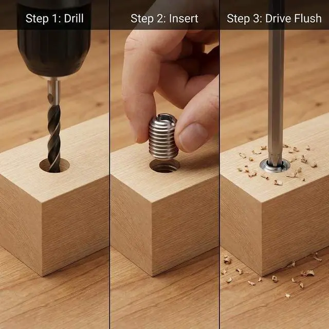 Alt view image 3 of 7 - Stainless Steel Threaded Insert for Hard-Wood, 1/4-20 Internal Threads 50 Pack 5/8" Long Nut Inserts for Hardwoods, Softwoods, Plywood and Composites