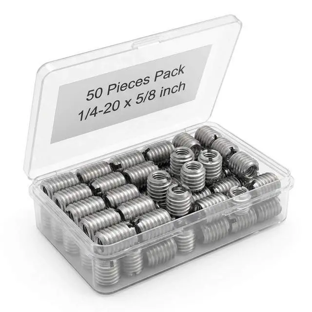 Alt view image 6 of 7 - Stainless Steel Threaded Insert for Hard-Wood, 1/4-20 Internal Threads 50 Pack 5/8" Long Nut Inserts for Hardwoods, Softwoods, Plywood and Composites