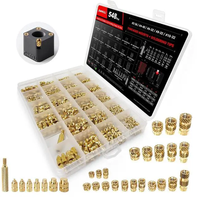 Main image of 548Pcs Threaded Inserts,#2-56#4-40#6-32#8-32#10-32 UNC Female Thread Knurled Nuts Assortment Kit+8 Heat Set lron Tools,Brass Heat Set Insert for Plastic and 3D Printing Components