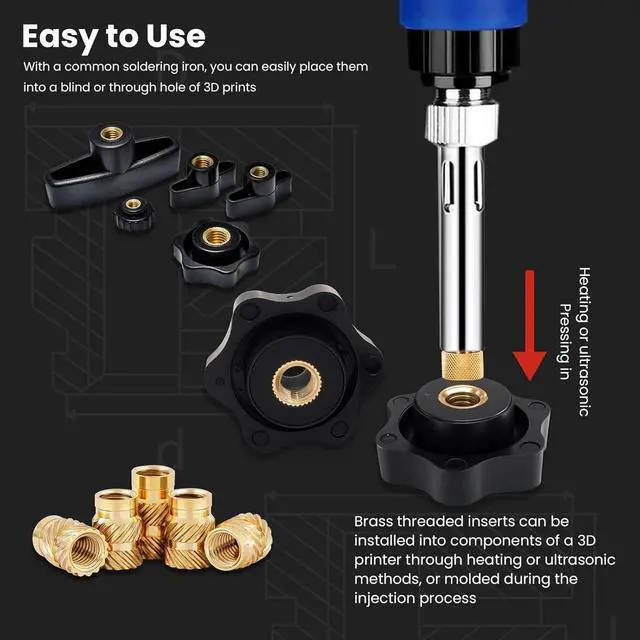 Alt view image 4 of 5 - 548Pcs Threaded Inserts,#2-56#4-40#6-32#8-32#10-32 UNC Female Thread Knurled Nuts Assortment Kit+8 Heat Set lron Tools,Brass Heat Set Insert for Plastic and 3D Printing Components