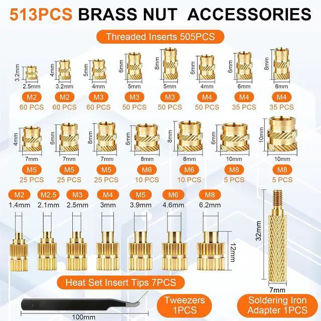 Alt view image 2 of 7 - 515Pcs Heat Set Insert Tool Kit for 3D Printing, 90W Digital Soldering Iron with 505 Brass Threaded Inserts, 7 Installation Tips, Adapter and Tweezers, M2-M8