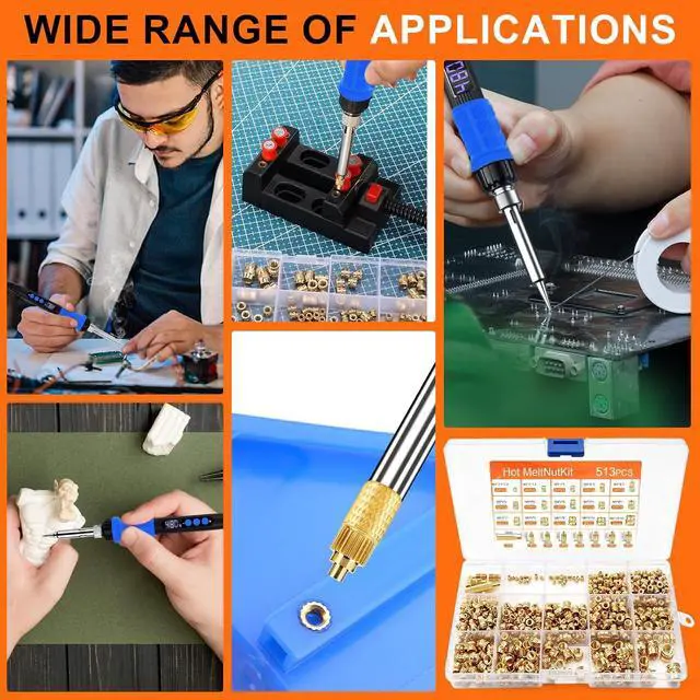Alt view image 7 of 7 - 515Pcs Heat Set Insert Tool Kit for 3D Printing, 90W Digital Soldering Iron with 505 Brass Threaded Inserts, 7 Installation Tips, Adapter and Tweezers, M2-M8