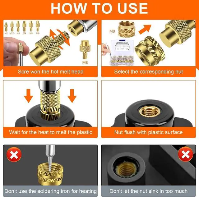 Alt view image 6 of 7 - 515Pcs Heat Set Insert Tool Kit for 3D Printing, 90W Digital Soldering Iron with 505 Brass Threaded Inserts, 7 Installation Tips, Adapter and Tweezers, M2-M8