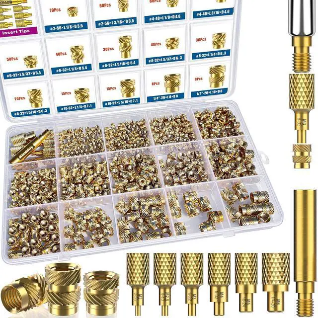 Main image of 513Pcs SAE Threaded Inserts, #2-56#4-40#6-32#8-32#10-32 1/4"-20 Female Thread Knurled Nuts Assortment Kit, Brass Heat Set Insert for Plastic and 3D Printing Components