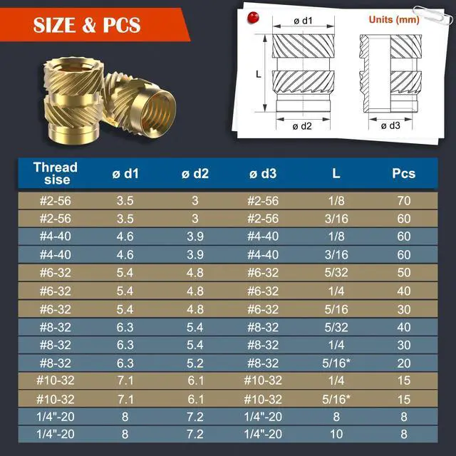 Alt view image 6 of 7 - 513Pcs SAE Threaded Inserts, #2-56#4-40#6-32#8-32#10-32 1/4"-20 Female Thread Knurled Nuts Assortment Kit, Brass Heat Set Insert for Plastic and 3D Printing Components