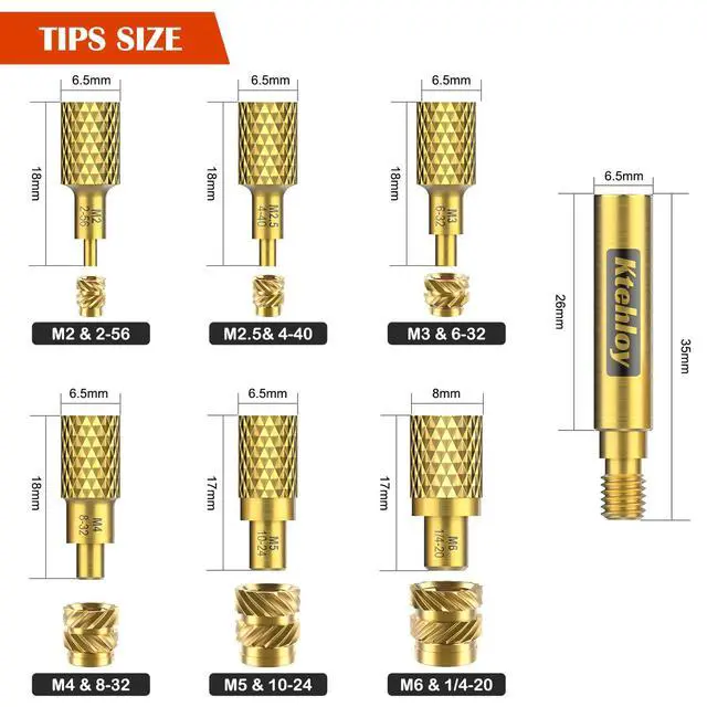 Alt view image 5 of 7 - 513Pcs SAE Threaded Inserts, #2-56#4-40#6-32#8-32#10-32 1/4"-20 Female Thread Knurled Nuts Assortment Kit, Brass Heat Set Insert for Plastic and 3D Printing Components