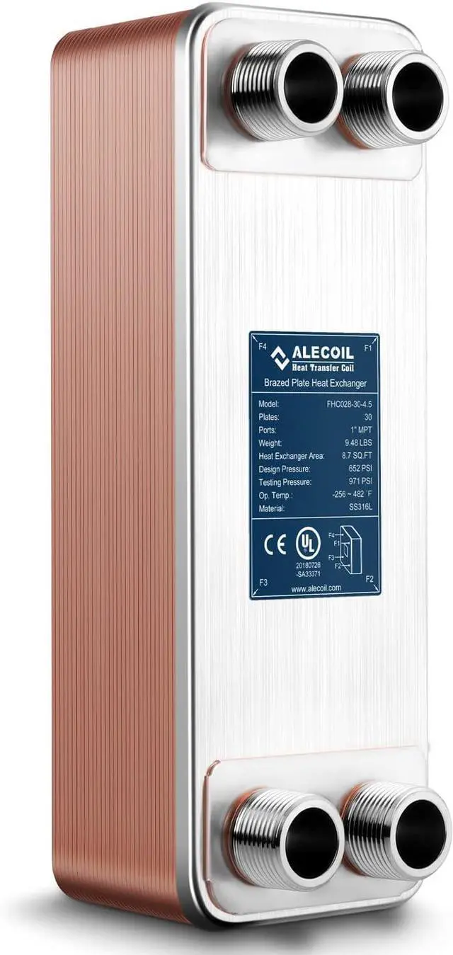 Main image of 4"x12" 30 Plates Heat Exchanger with 1" MPT Port Water to Water 316L Stainless Steel Brazed Plate Heat Exchanger for Water Heating, Floor Heating, Commercial and Industrial Refrigeration