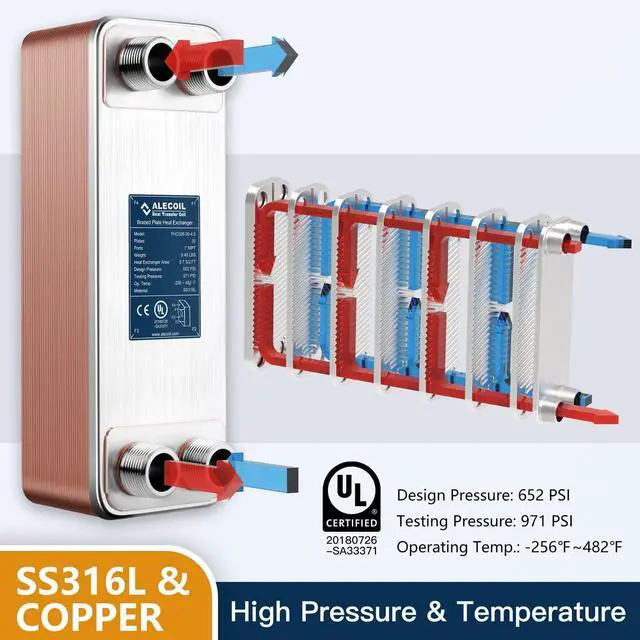Alt view image 2 of 6 - 4"x12" 30 Plates Heat Exchanger with 1" MPT Port Water to Water 316L Stainless Steel Brazed Plate Heat Exchanger for Water Heating, Floor Heating, Commercial and Industrial Refrigeration