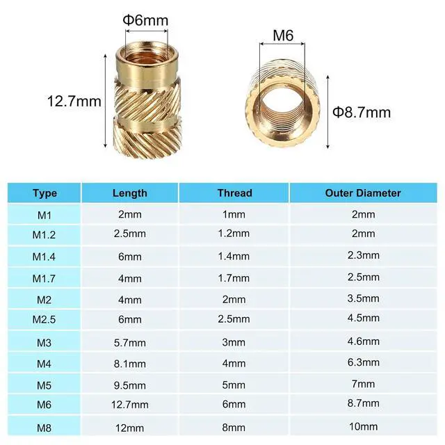 Alt view image 5 of 6 - M6x12.7x8.7 mm Brass Threaded Insert, 100 Pcs Metric knurled Nuts Heat Set Insert for Plastic & 3D Printing Components