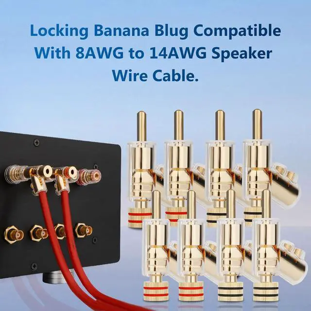 Alt view image 2 of 7 - Locking Banana Plugs 8Pcs 45 Degree Banana Connector Double Screw Speaker Plug for 8-15 Guage Speaker Wire,Audio/Video Receiver,Sound Systems with L-Form Hex Wrench(24K Gold Plated)