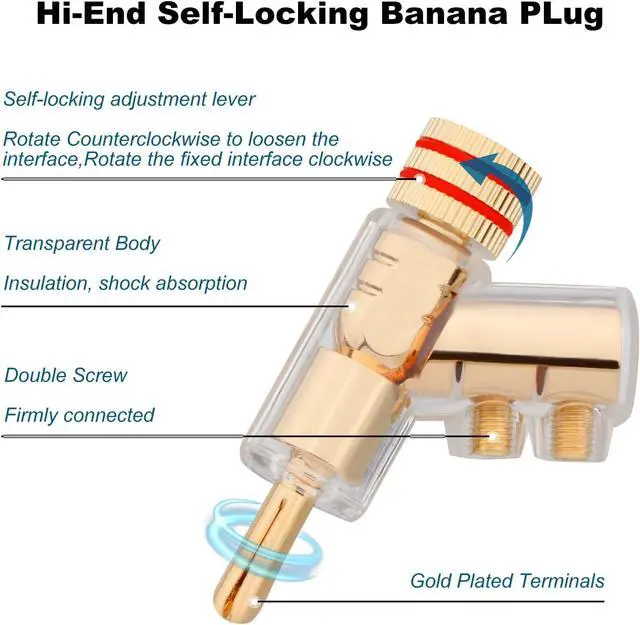 Alt view image 3 of 7 - Locking Banana Plugs 8Pcs 45 Degree Banana Connector Double Screw Speaker Plug for 8-15 Guage Speaker Wire,Audio/Video Receiver,Sound Systems with L-Form Hex Wrench(24K Gold Plated)