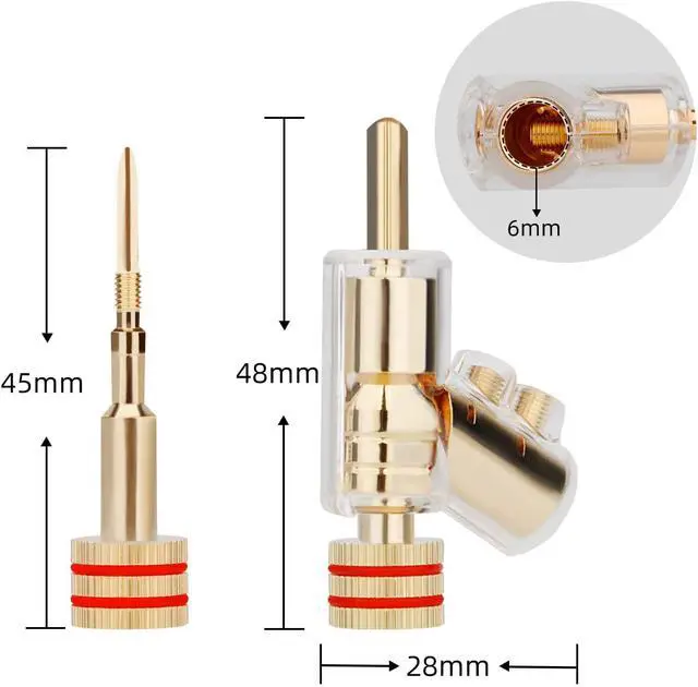 Alt view image 5 of 7 - Locking Banana Plugs 8Pcs 45 Degree Banana Connector Double Screw Speaker Plug for 8-15 Guage Speaker Wire,Audio/Video Receiver,Sound Systems with L-Form Hex Wrench(24K Gold Plated)