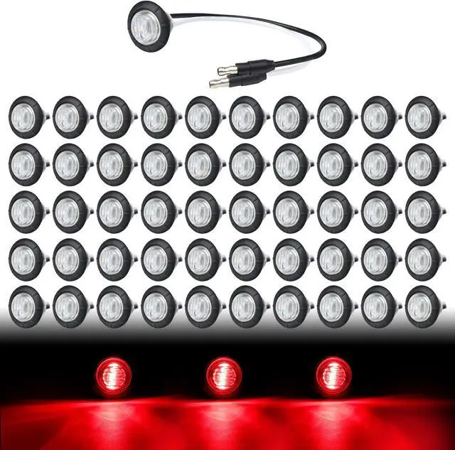Main image of 3/4 Inch LED Marker Clear Lens Red Light with Connector Plug Clearance Markers Side Marker Indicator Light Waterproof Universal Fits RV, Boat, Pickup Truck 12V DC (Pack of 50)