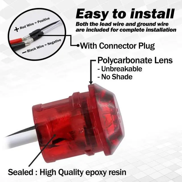 Alt view image 4 of 7 - Meerkatt 3/4 Inch Mini Round Red LED Bullet Side Marker Button Indicators Light w/Grommet & Plug Truck Trailer Pickup Boat Lorry Tail Brake 12V DC 3LED-DC (Pack of 50)