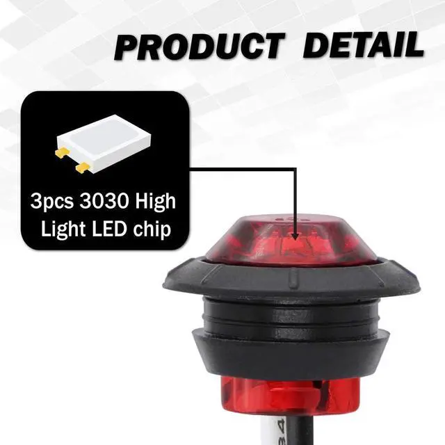 Alt view image 7 of 7 - Meerkatt 3/4 Inch Mini Round Red LED Bullet Side Marker Button Indicators Light w/Grommet & Plug Truck Trailer Pickup Boat Lorry Tail Brake 12V DC 3LED-DC (Pack of 50)
