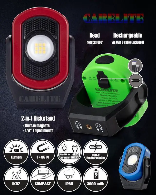 Alt view image 3 of 7 - Magnetic Work Light 780 Lumen Compact Pocket Light, Rechargeable 3000mAh, 360° Pivot, Durable & Portable for Mechanics & Jobsites (Red, Green & Blue, 3-Pack)
