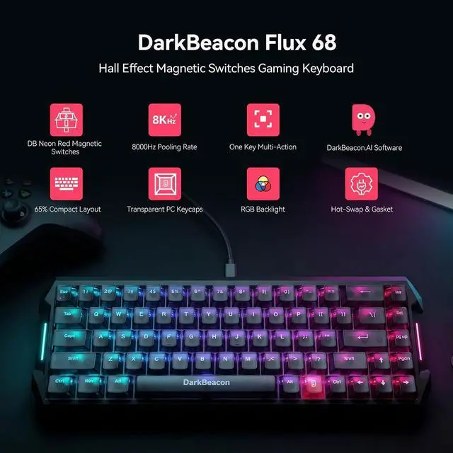 Alt view image 2 of 7 - Flux 68 HE Mechanical Gaming Keyboard Rapid Trigger with Adjustable Actuation 0.01-3.5 mm, Hall Effect Magnetic Switch, 8000Hz Polling, RGB Backlit, 65% Wired Keyboard for PC Laptop Gamer