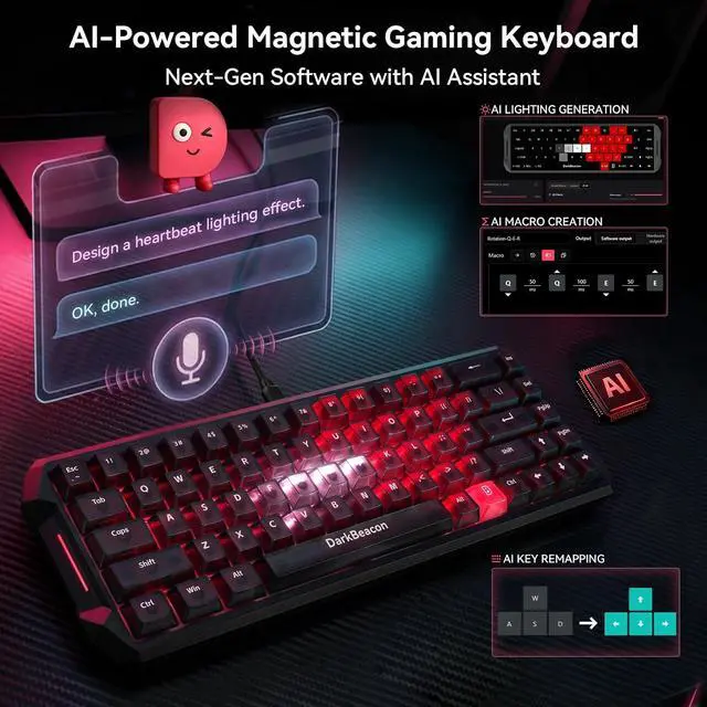 Alt view image 4 of 7 - Flux 68 HE Mechanical Gaming Keyboard Rapid Trigger with Adjustable Actuation 0.01-3.5 mm, Hall Effect Magnetic Switch, 8000Hz Polling, RGB Backlit, 65% Wired Keyboard for PC Laptop Gamer