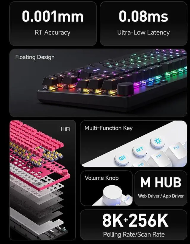 Alt view image 2 of 7 - Mix 87 TKL Wired Gaming Keyboard Magnetic Switch Hall Effect Keyboards Rapid Trigger SOCD 8K Polling Rate Volume Knob Adjustable Actuation Point RGB Lighting HotSwap White Apollo Switch